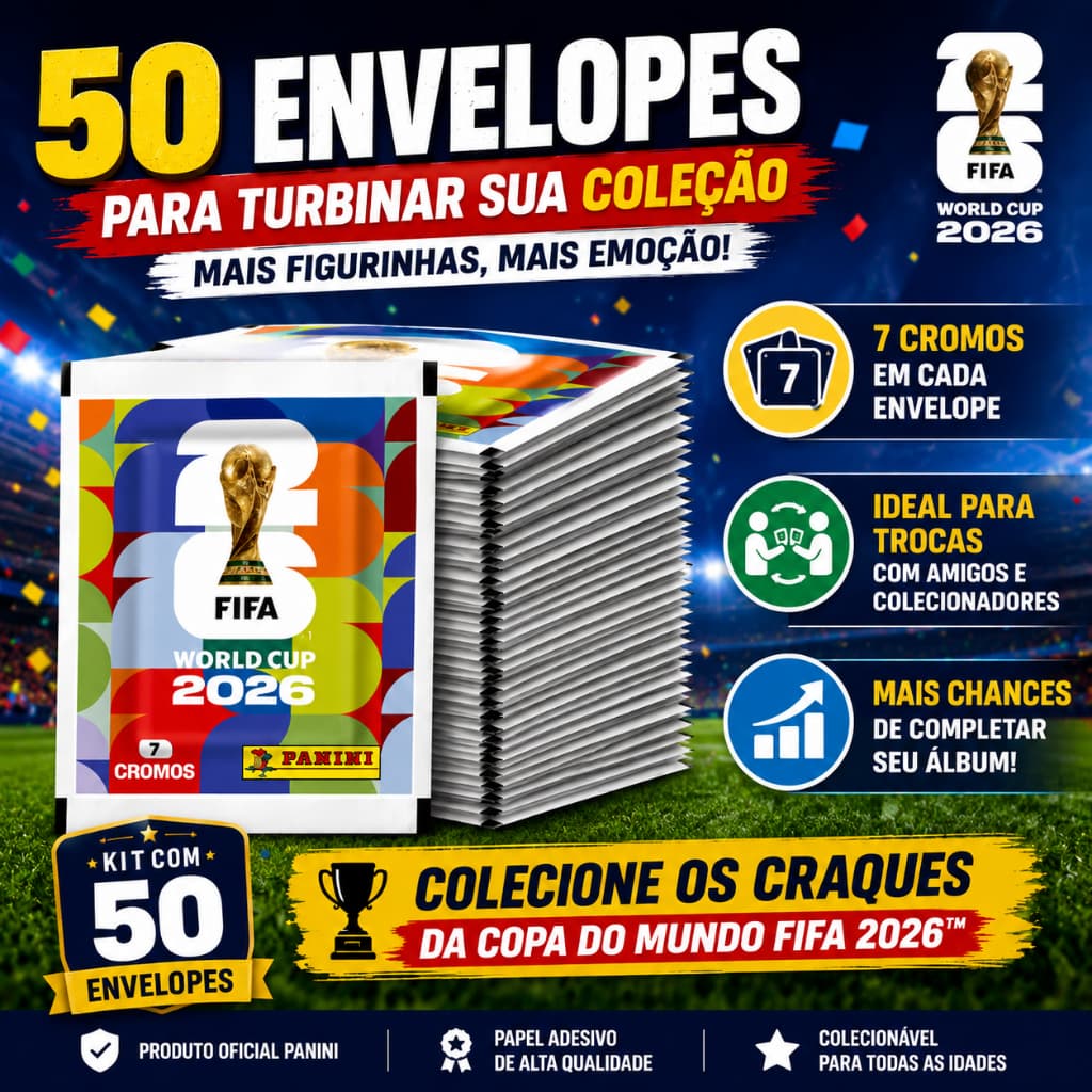50 Envelopes Figurinhas Copa do Mundo FIFA 2026 Kit Colecionável 350 Cromos Futebol