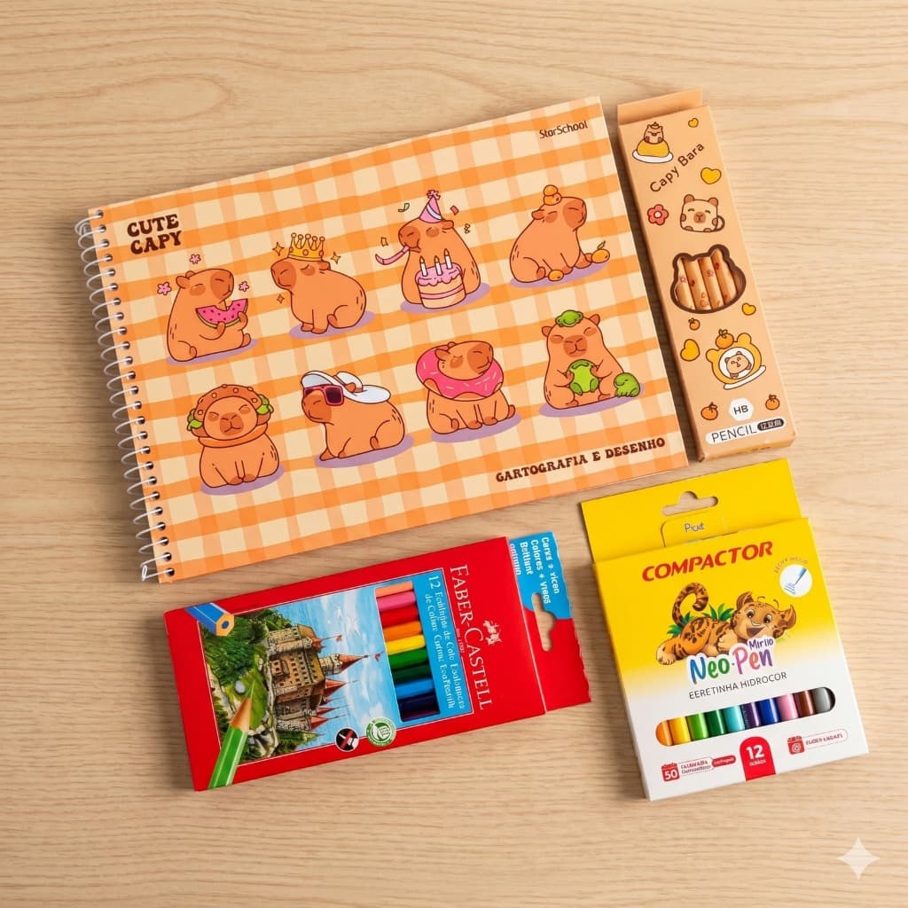 KIT Material Escolar Completo - Caderno Desenho Capivara Lápis Capivara Canetinha Lápis de Cor Faber