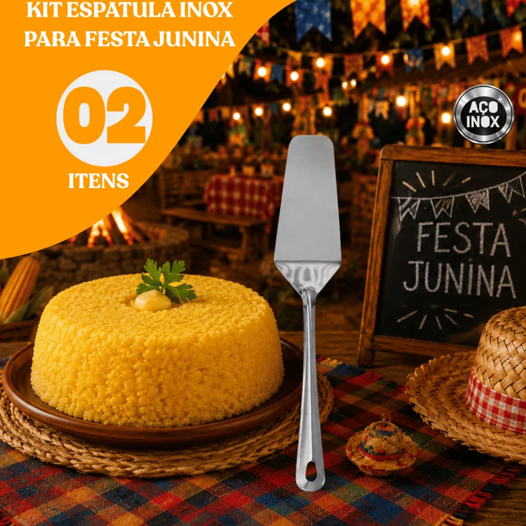 Kit 02/04 Espatula Inox Festa Junina Chapa Churrasco Cozinha Restaurante Cuzcuz Bolo Buffet
