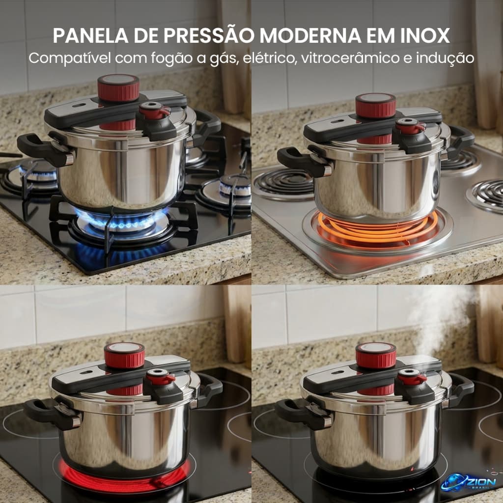 Panela Pressão Inox 5L Tampa Segura Trava Inteligente Indução Gás Elétrico Cozinha Diária Casa Caldo