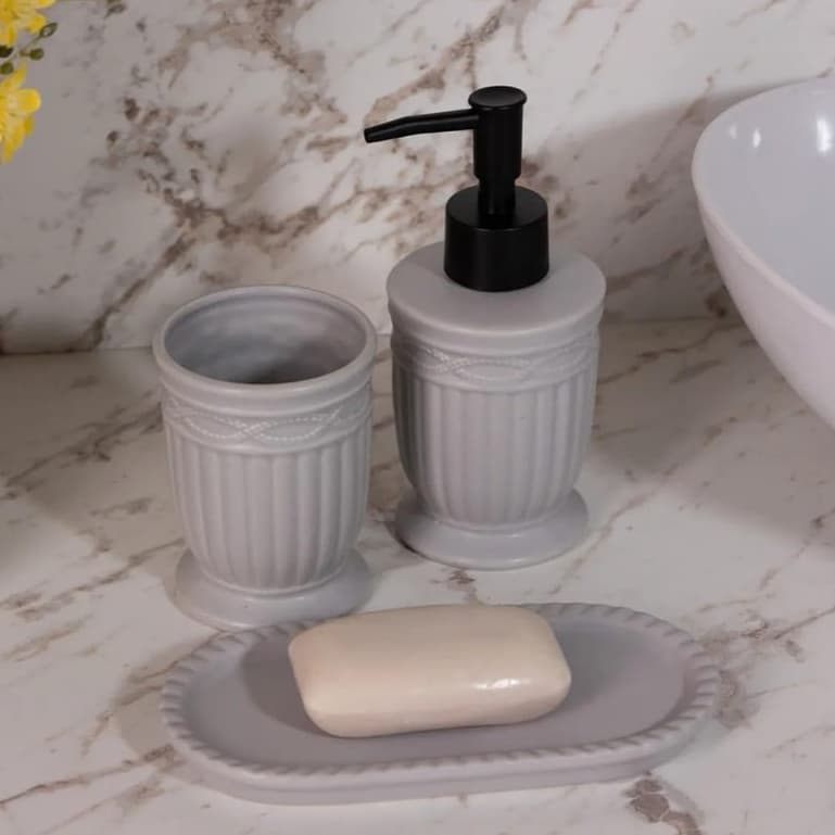 Kit Banheiro de Cerâmica 3 Peças Porta Sabonete Líquido, Escova e Saboneteira Acessórios de Banheiro
