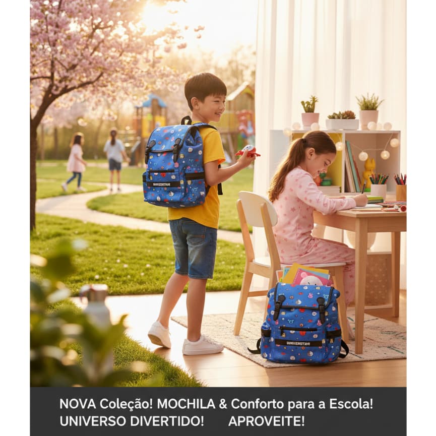 Mochila Saco BT21 Azul Escolar Infantil Passeio Resistente Personagens K-Pop Estilosa Unissex
