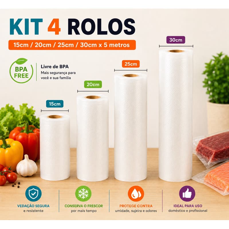 kit Rolo Bobina para Embalagem a Vácuo com Ranhuras – Compatível com Seladora a Vácuo, Conserva Alimentos por Mais Tempo