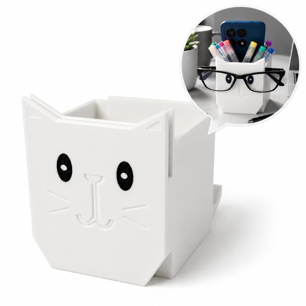 Porta Objetos Gatinho Organizador de Mesa 3 em 1 Porta Óculos Suporte Celular Canetas Escritório Porta Óculos Celular