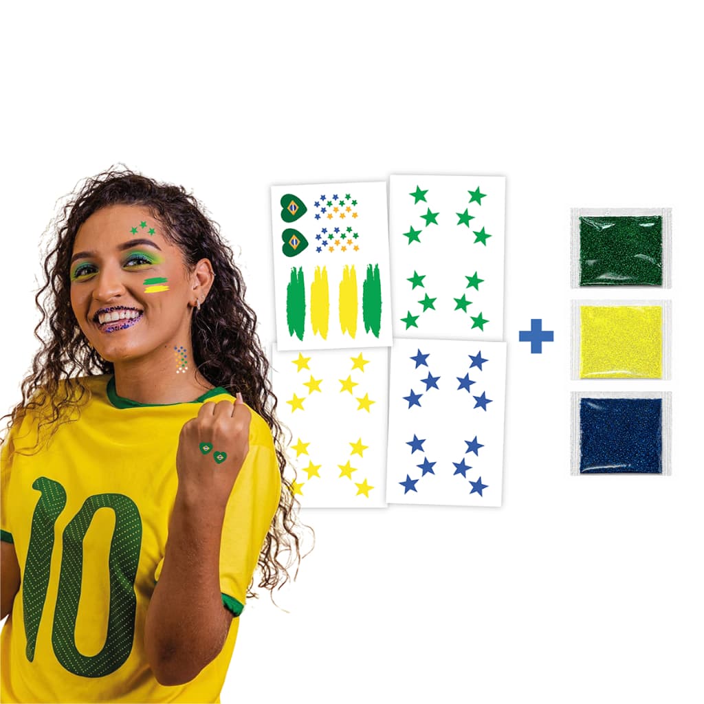 Tatuagem Temporária + Glitter Torcida Copa do Mundo | Futebol Estrelas Metalizadas