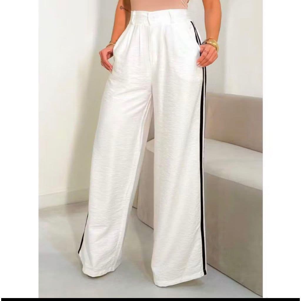 Calça Pantalona Longa,Listras Nas Laterais,Cintura Alta,Elegante e chic Tecido Marrante
