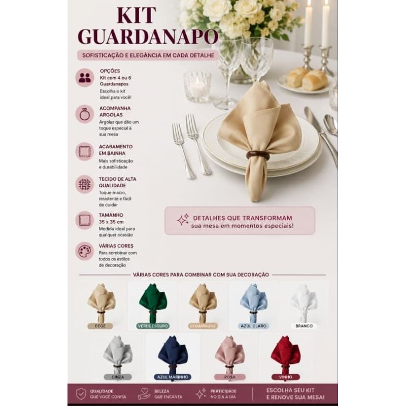 Kit Mesa Posta 4 ou 6 Lugares Guardanapos Tecido + Porta Guardanapo - Ideal para Jantar, Casamento e Decoração