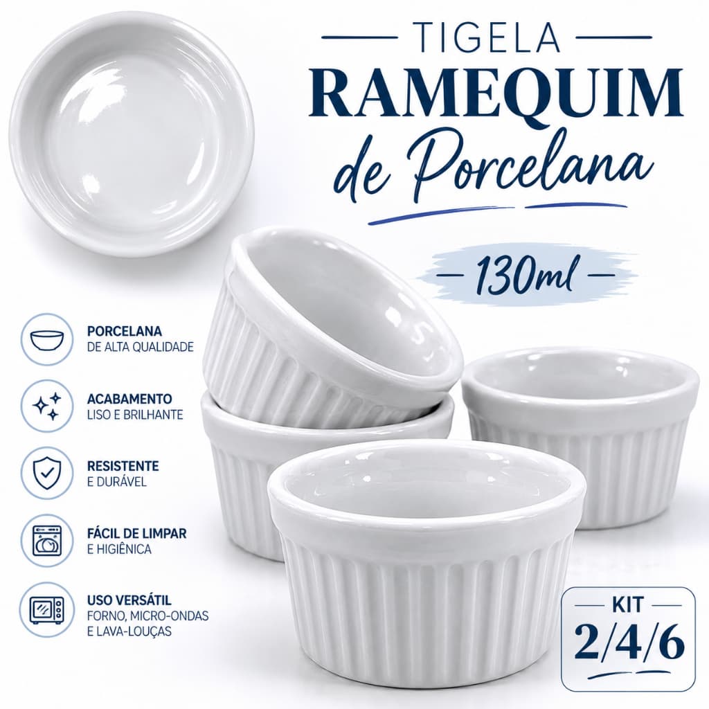 Kit Ramequins Porcelana 130ml Molhos Souflé Porções Sobremesas Forno Air Fryer Buffet Restaurante