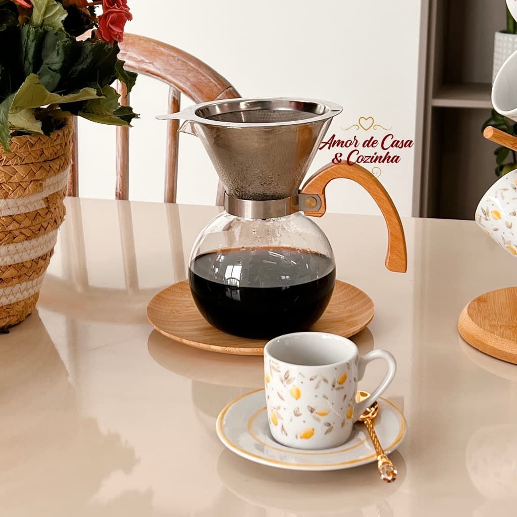 CAFETEIRA PASSADOR DE CAFÉ DE VIDRO COM ALÇA MADEIRA
