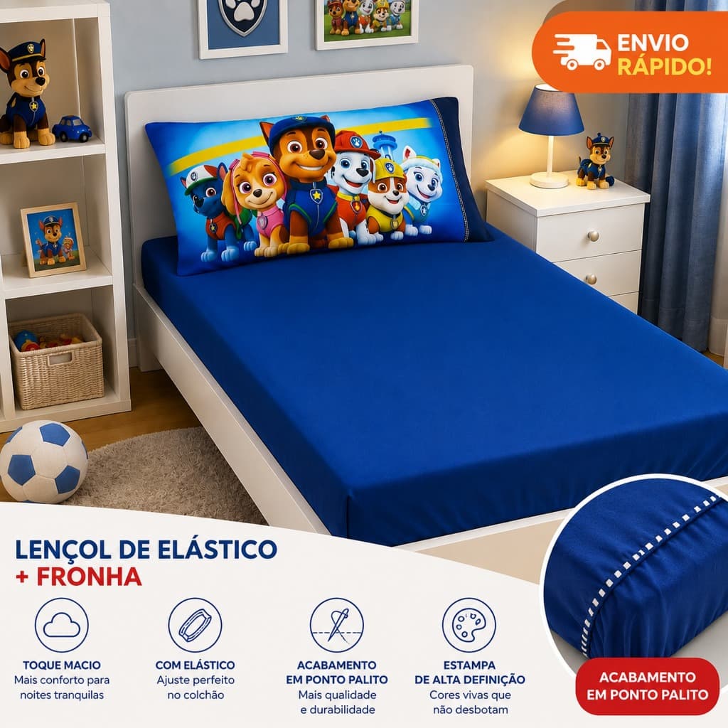 Jogo de Lençol Solteiro Infantil Patrulha Canina 2 Peças Ponto Palito Toque Macio