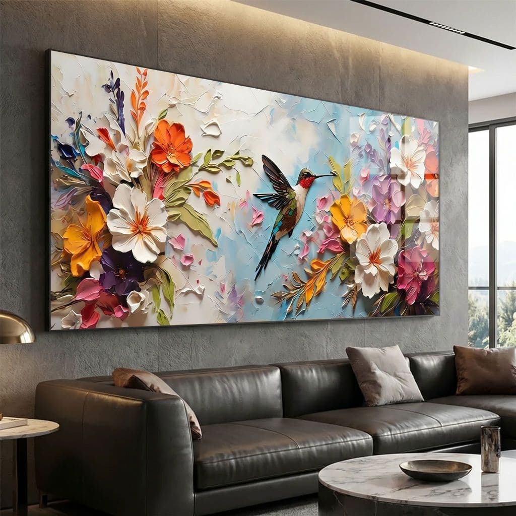 Quadro Decorativo 80x110cm Beija Flor Flores Pintura Moderna Decoração Parede Hall Luxo Sala Quarto
