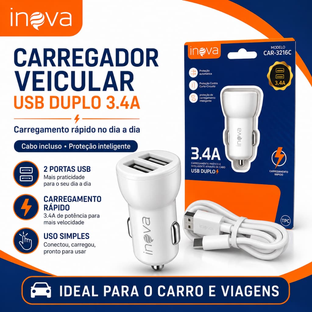 Carregador Veicular Inova CAR-3216C 3.4A 2 USB Com Cabo Tipo C Carro Celular