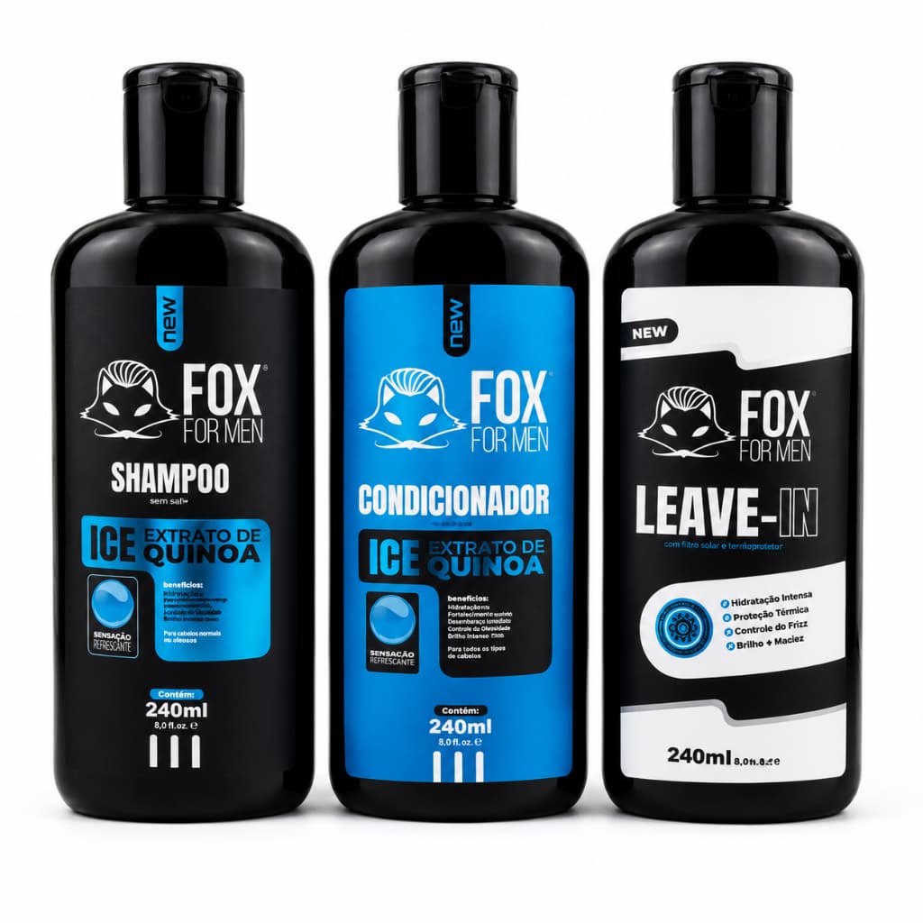 Kit Shampoo Condicionador e Leave-in ICE Quinoa Fox For Men Hidratação Profunda e Brilho Natural