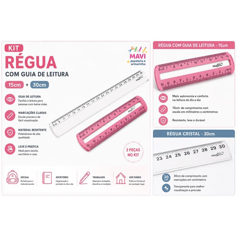 Régua de Poliestireno Com Guia de Leitura Rosa 15 cm + Régua Cristal 30cm