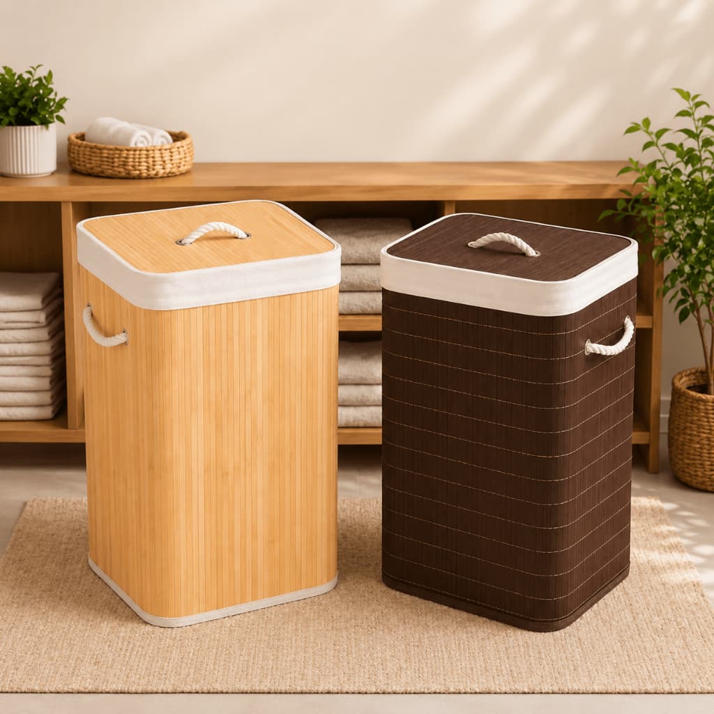 Cesto Organizador de Bambu 70 Litros com Alças e Tampa Cesto de Roupa Suja Guardar Brinquedos