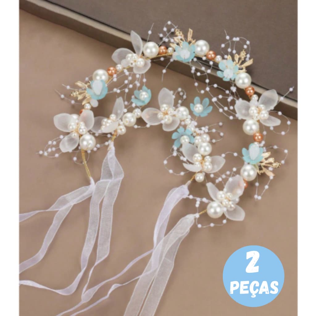 Kit Tiara e Pulseira Feminina Infantil e Juvenil Acessório Elegante para Festa, Casamento, Ensaio Fotográfico e Presente