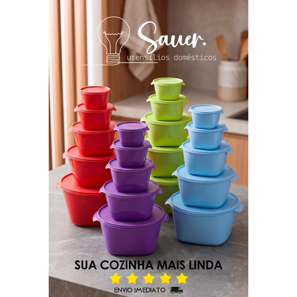 Kit 5 Potes Organizador Mantimentos Ração 10L a 500ml Plástico Tampa Colorida Atacado