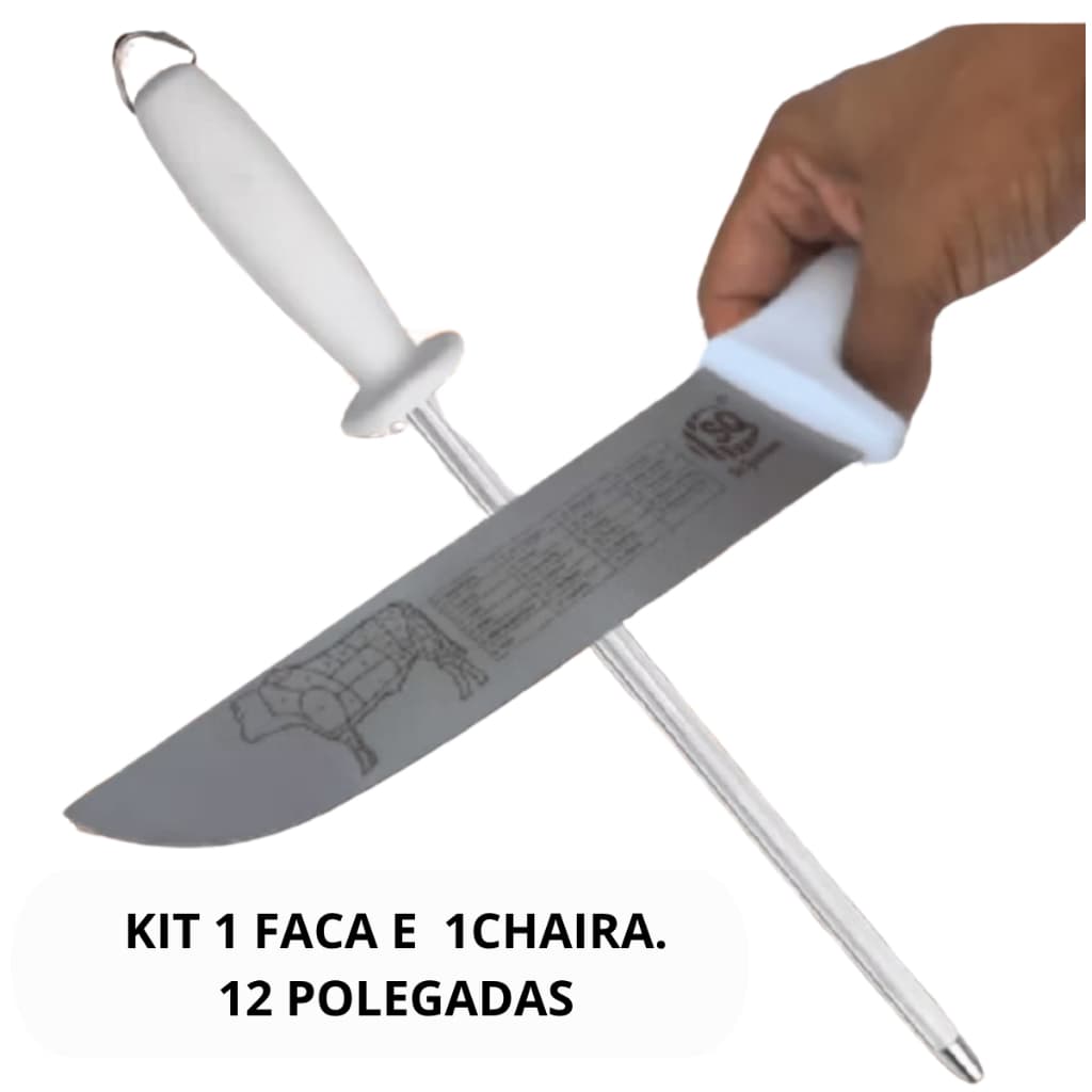 Kit Chaira E Faca 12 Açougueiro Profissional Sq Afiador