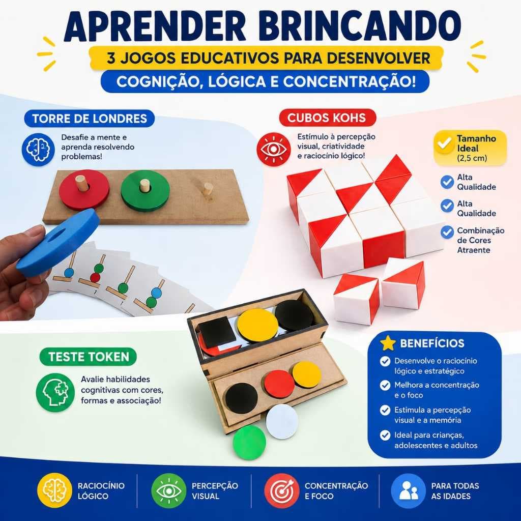 Kit 3x Teste Psicopedagógicos TORRE DE LONDRES + TESTE TOKEN + CUBOS KOHS  Raciocínio Lógico Teste QI Avaliação