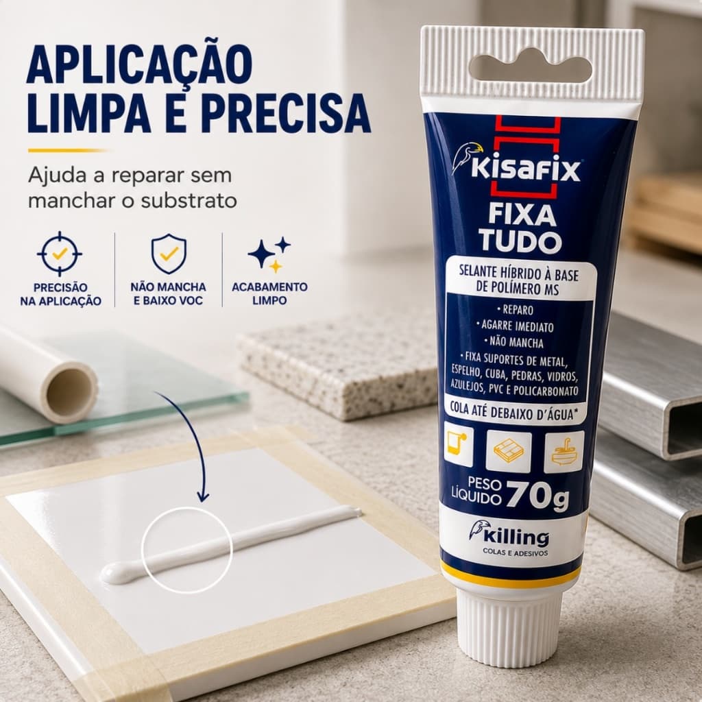 Cola Fixa Tudo Até Debaixo D´Água Adesivo Alta Adesão Forte Selante Kisafix 70gr
