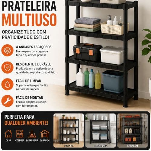 Prateleira Multiuso 3 Andares Organizadora Plástica Preta Resistente