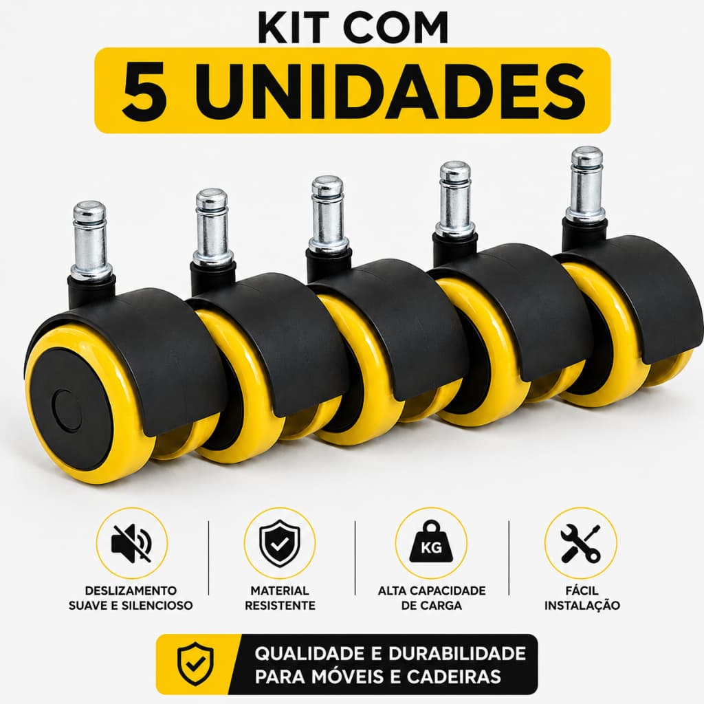 Rodinhas Para Cadeira de Escritório/Gamer Kit 5 Anti Risco Baixo Ruído 54mm PU Reforçado e Com Pino