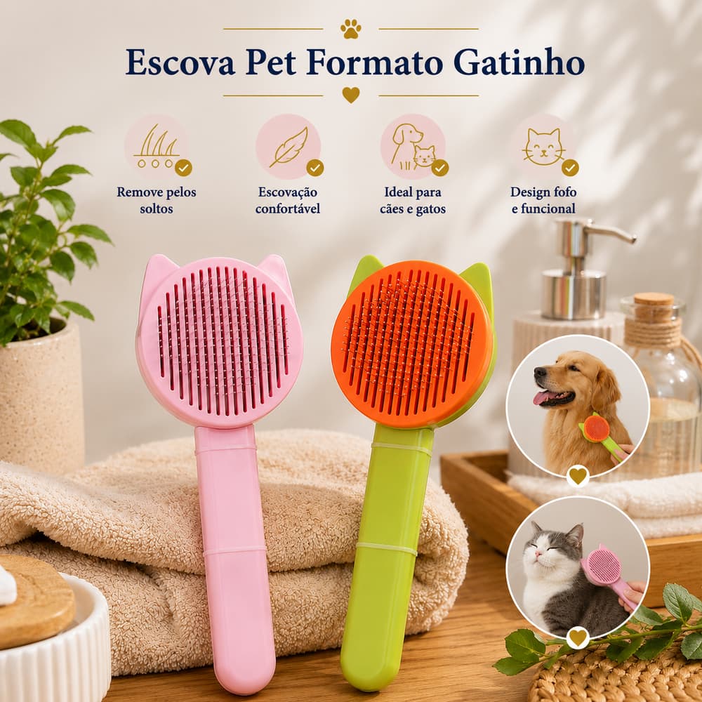Escova Pet Formato Gatinho Remove Pelos Cães e Gatos, Escovação Confortável