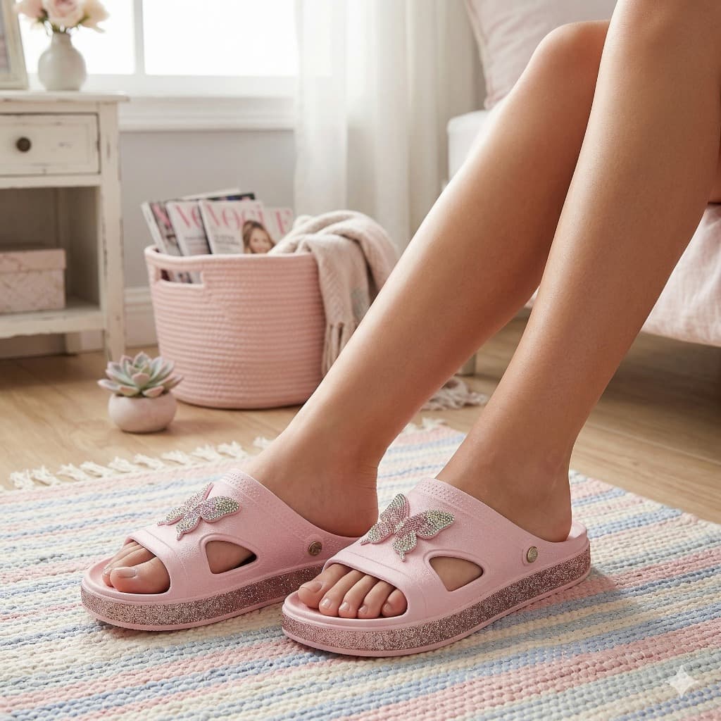Sandália Feminina Slide Confortável Plataforma Glitter Borboleta Strass Leve Antiderrapante
