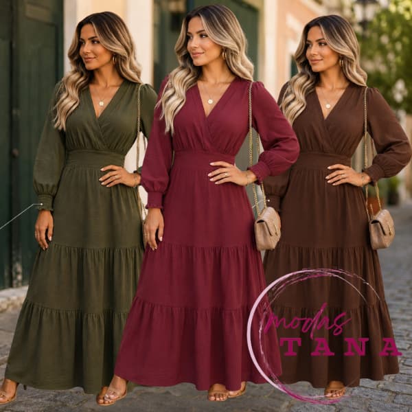 Vestido Longo Feminino Elegante Manga Longa Decote V Cintura Marcada Festa Casual Chic