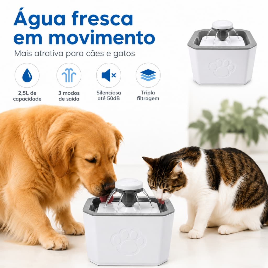 Fonte de Agua Corrente Bebedouro Pet Automatico Gatos Caes Cachorros 2,5 Litros Silencioso 3 Modos