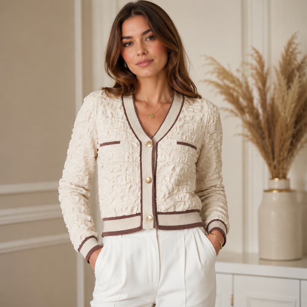 Casaqueto Feminino de Botões com Bolso Falso Tricot Elegante Inverno Confortável