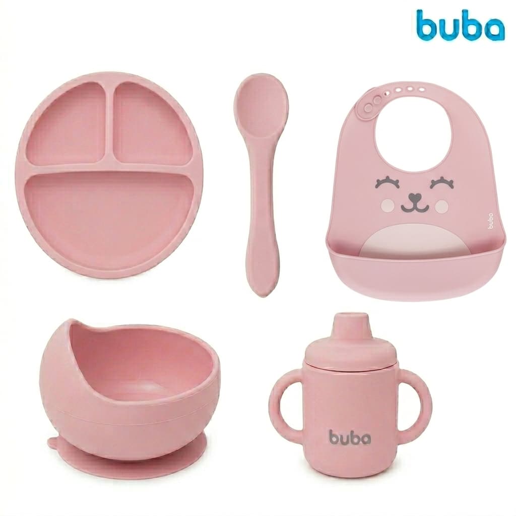 Kit Alimentação Bebê Buba 5 peças em Silicone | Prato, Babador, Copo Transição, Bowl e Colher