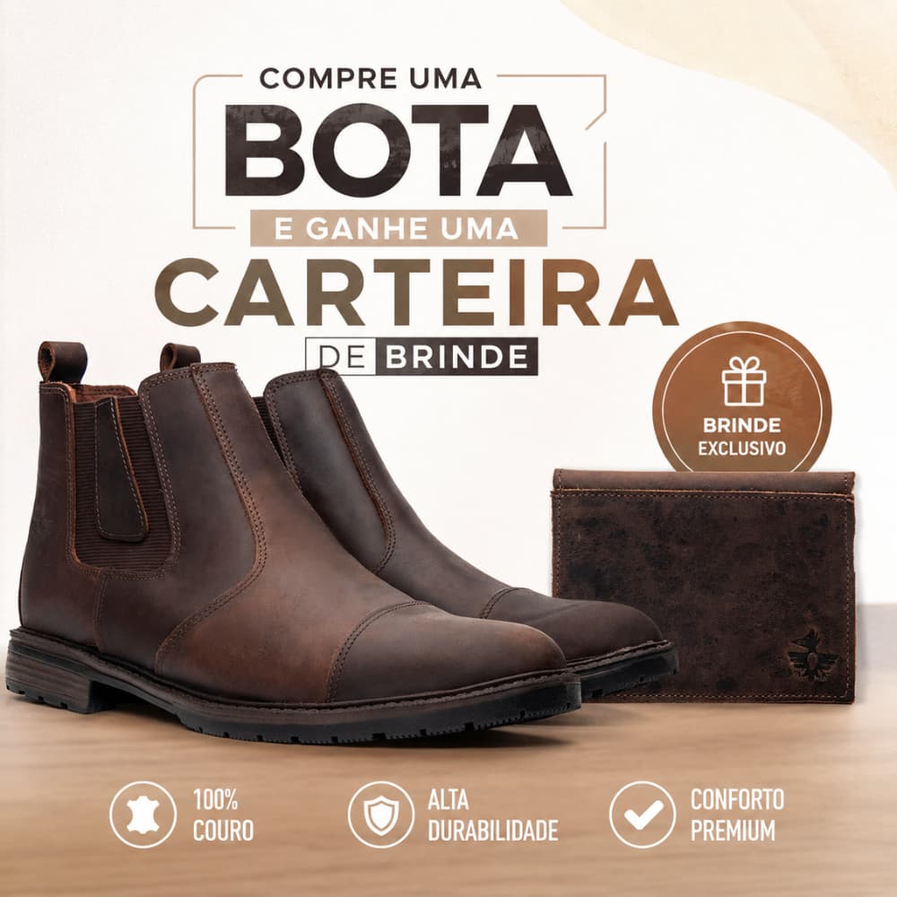 Botina + carteira Masculina em Couro Crazy Horse Resistente Roça Rodeio Bota Antiderrapante Casual