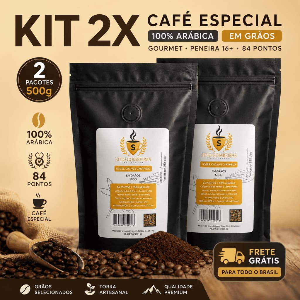 Kit 2x Café Especial Gourmet 500g 84 Pontos | 100% Arábica em Grãos | Frete Grátis