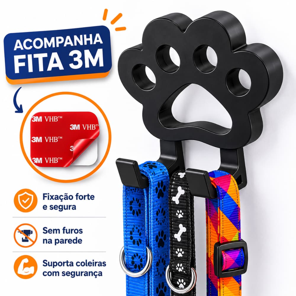 Suporte de Coleira Cachorro Parede Autocolante Porta Guia Pet Organizador Patinha Sem Furo