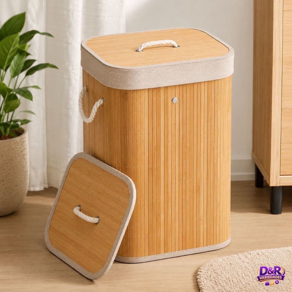 Cesto de Roupas de Bambu Dobrável com Tampa e Alça| Organizador de Roupas 50l |Retangular Multiuso