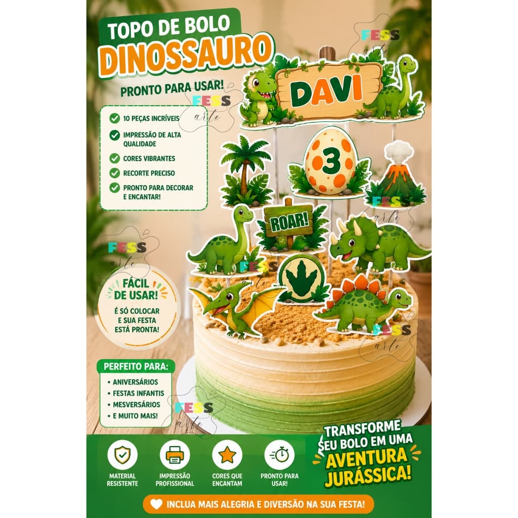 topo de bolo dinossauro personalizado nome e idade 10 peças mêsversário decoração barato