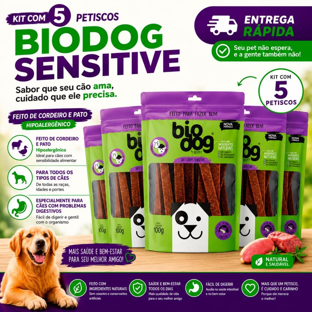 Kit 5 Bifinho Petisco Natural Snack Biscoito Biodog Sensitive Pato e Cordeiro Hipoalergênico