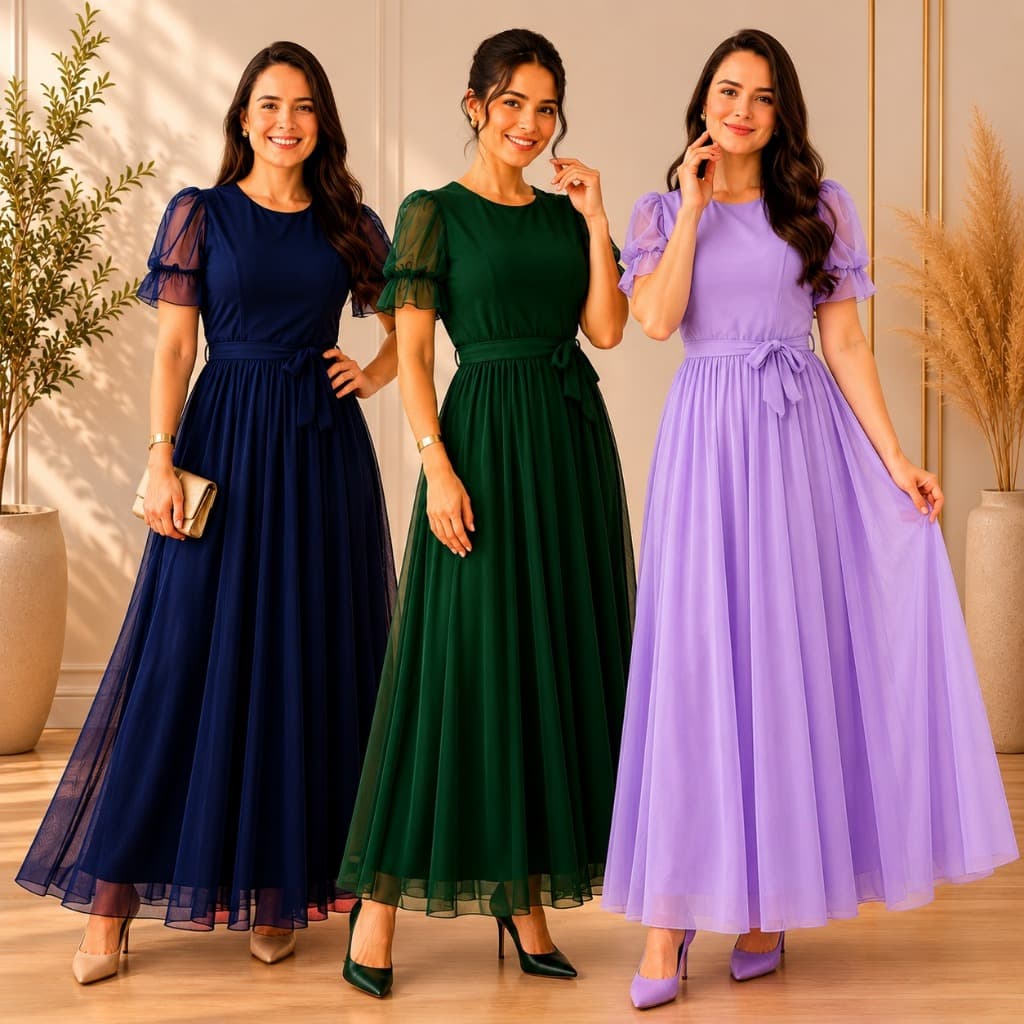 Vestido Longo Evangelico Feminino Manga Tule Princesa Elegante Social Tendencia Brasil Gospel