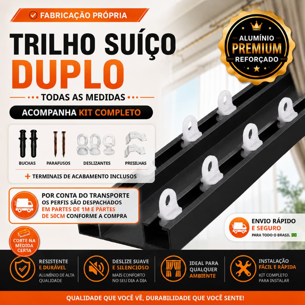 Trilho Suíço Duplo Alumínio Preto p/ Cortina Completo Deslizante Reforçado Max