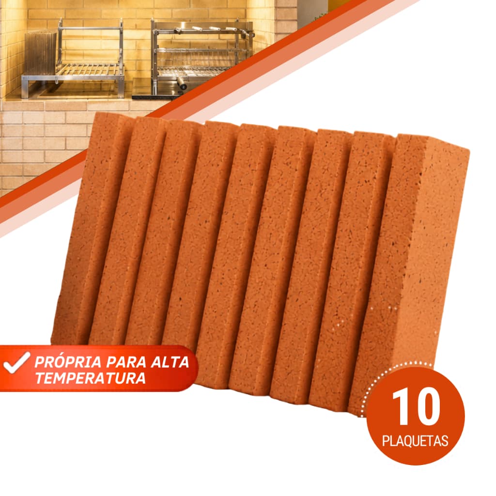 Kit 10 Plaqueta Refratária Alta Temperatura Churrasqueira Forno Lareira Resistente Vermelha