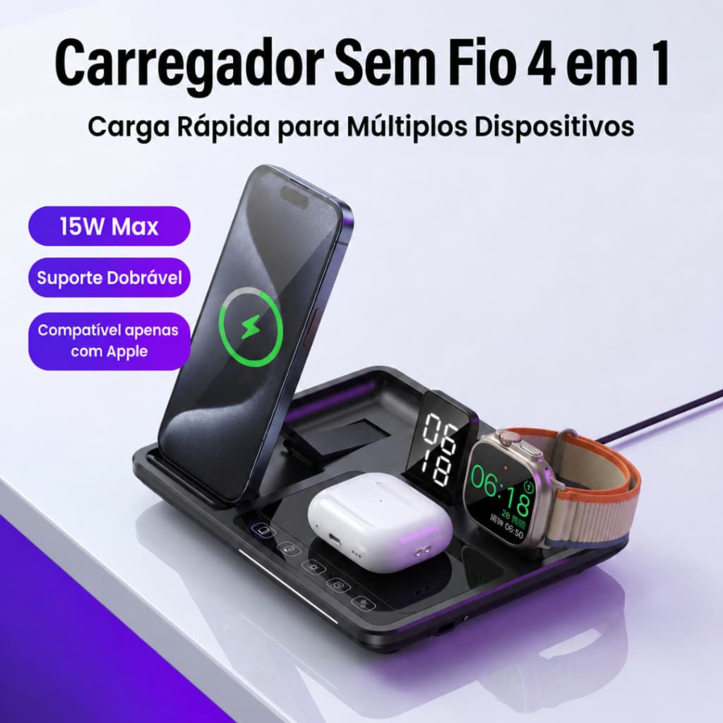 Carregador Sem Fio 4 em 1 para iPhone Apple Watch AirPods 15W Dobrável