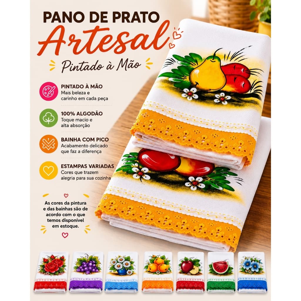 Kit 10 Pano de Prato Artesanal 45x75cm Panos de Copa Bordados,Alta Qualidade para Cozinha Estampas Variadas
