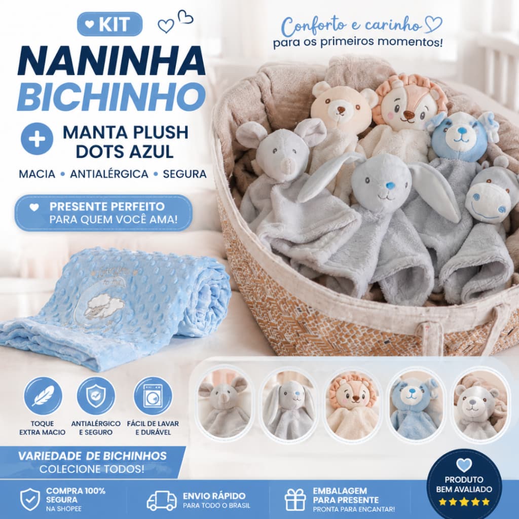 Kit Naninha Bebê Bichinho + Manta Plush Dots Azul Macia Antialérgica Presente Bebê
