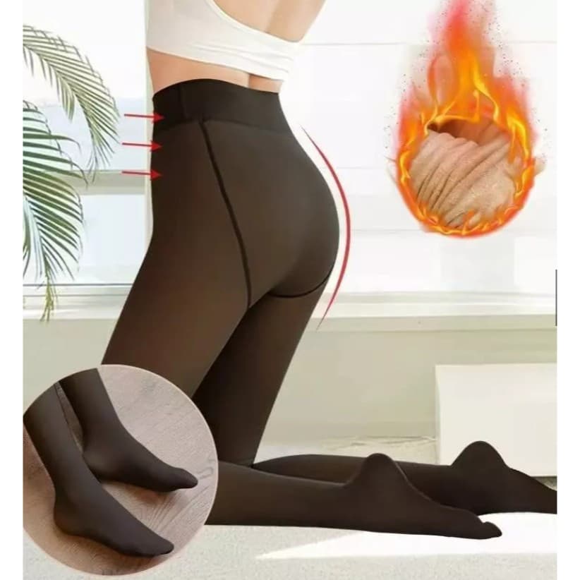 Meia-Calça Térmica Forrada Peluciada Translúcida de Lã Feminina Super Quente Elástica Slim