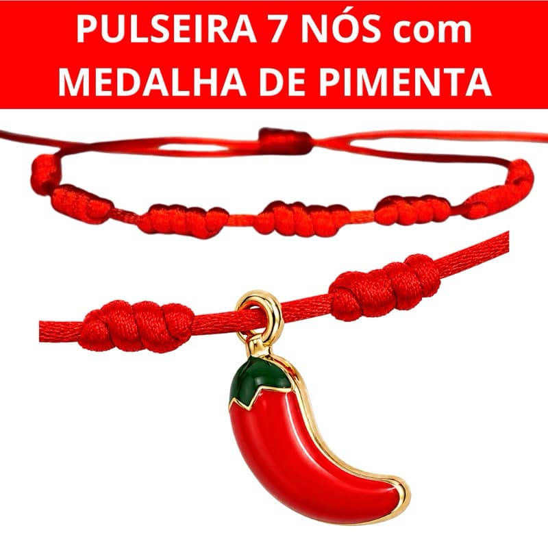 PULSEIRA 7 NÓS com MEDALHA DE PIMENTINHA , PULSEIRA KABBALAH CONTRA INVEJA E MAL OLHADO