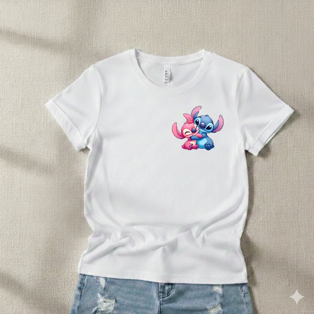 Camiseta Stitch E Angel Se Abraçando Blusa 100% Algodão Adulto Infantil Kids Envio Rápido