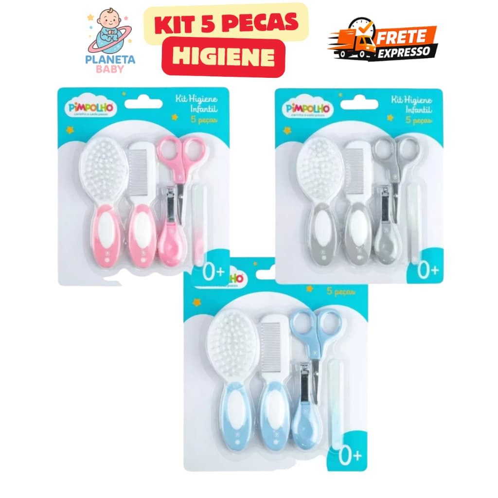 Kit Higiene 5 Peças Pimpolho Unha Cortador Pente Escova Cabelo Menino Menina Bebe