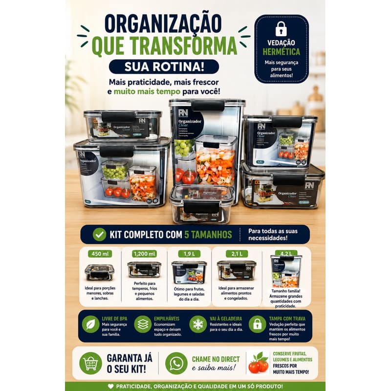KIT COM 6 COMPLETO POTES HERMÉTICOS