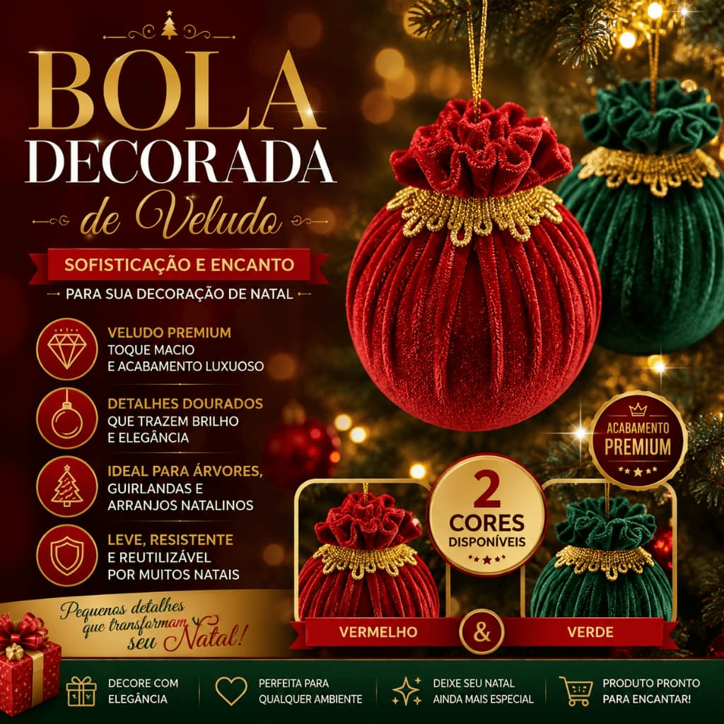 Kit Bola Decorada de Veludo Vermelha / Verde Natal Luxo Clássico – Decoração de Árvore e Guirlanda